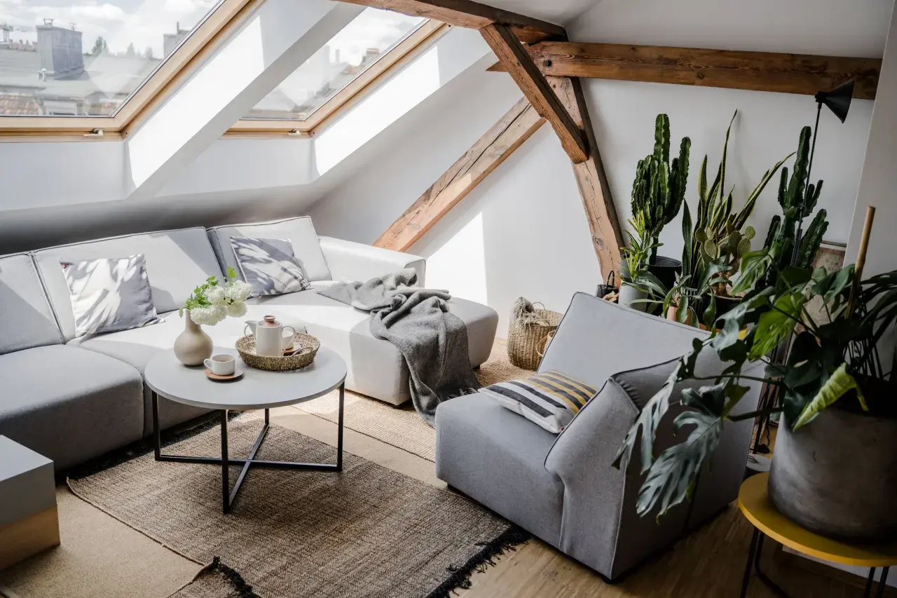 Przytulny salon z szarą kanapą, narzutą, poduszkami i roślinami. Dodatki tworzą ciepłą atmosferę.