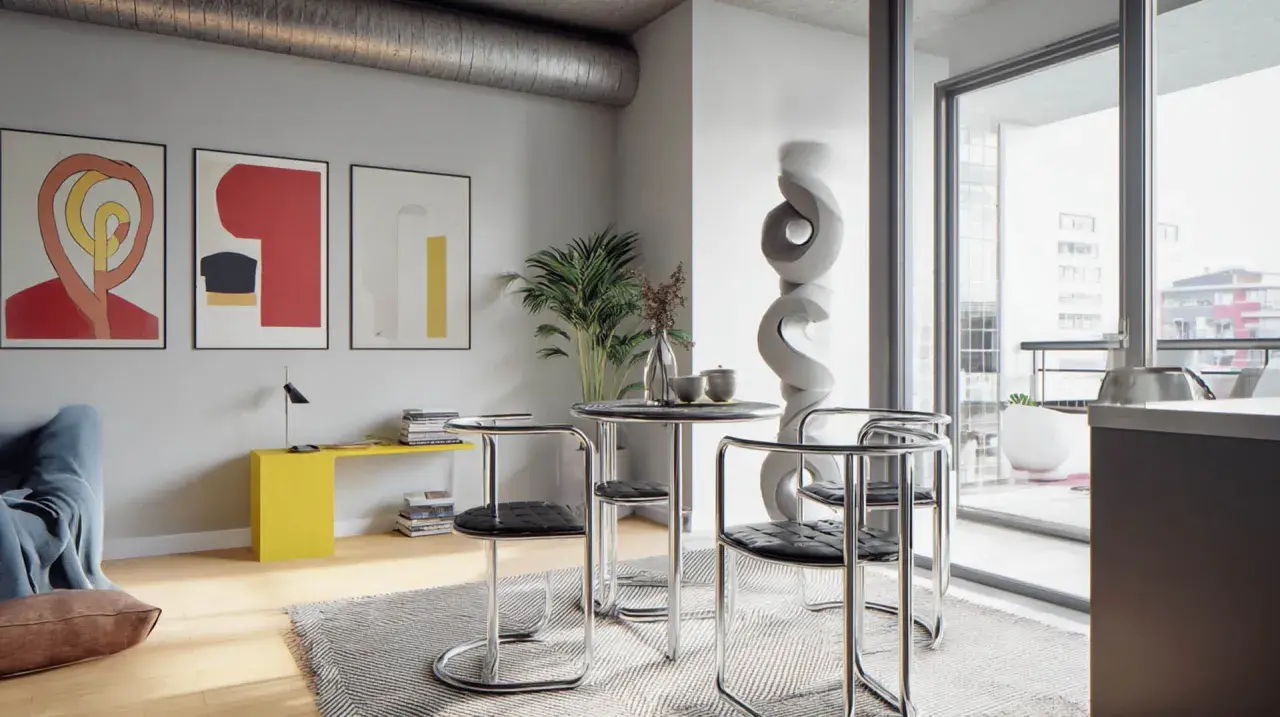 Nowoczesne wnętrze w stylu bauhaus: okrągły stolik z krzesłami, abstrakcyjne obrazy na ścianie, żółta konsola i duża rzeźba.