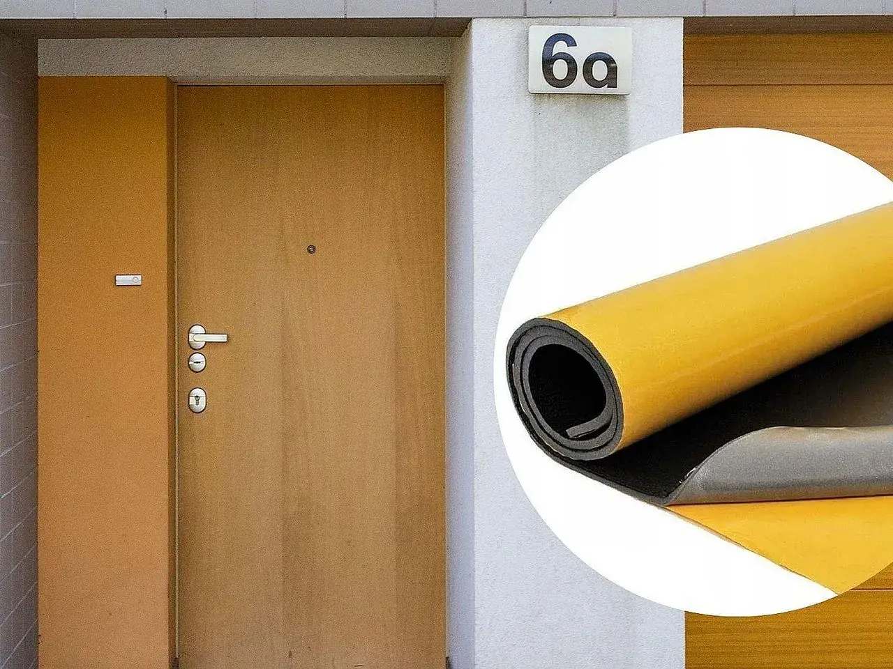 Ocieplenie drzwi wewnętrznych: rolka materiału izolacyjnego z żółtą warstwą klejącą obok drzwi wejściowych.