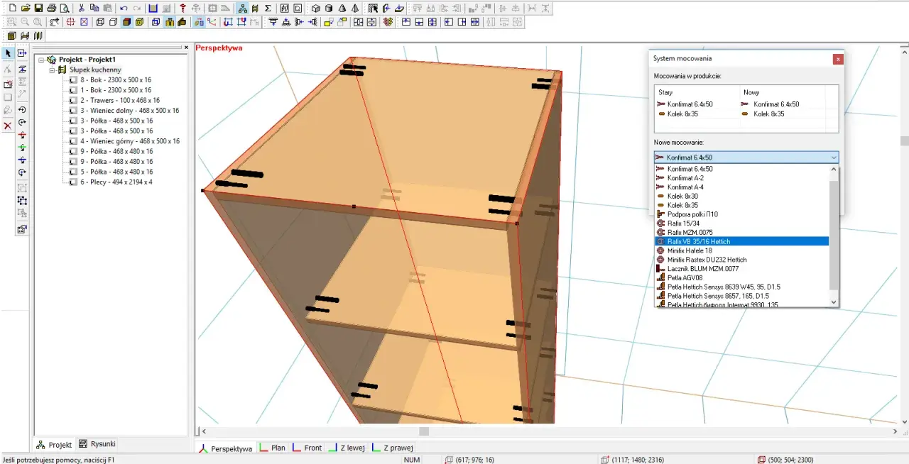 Program do projektowania mebli darmowy. Widok 3D szafki kuchennej z listą elementów i opcjami mocowań.