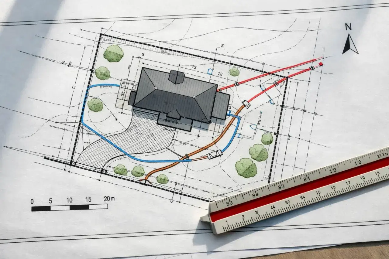Projekt zagospodarowania terenu z domem, drzewami i zaznaczonymi instalacjami. Linijka geodezyjna obok.