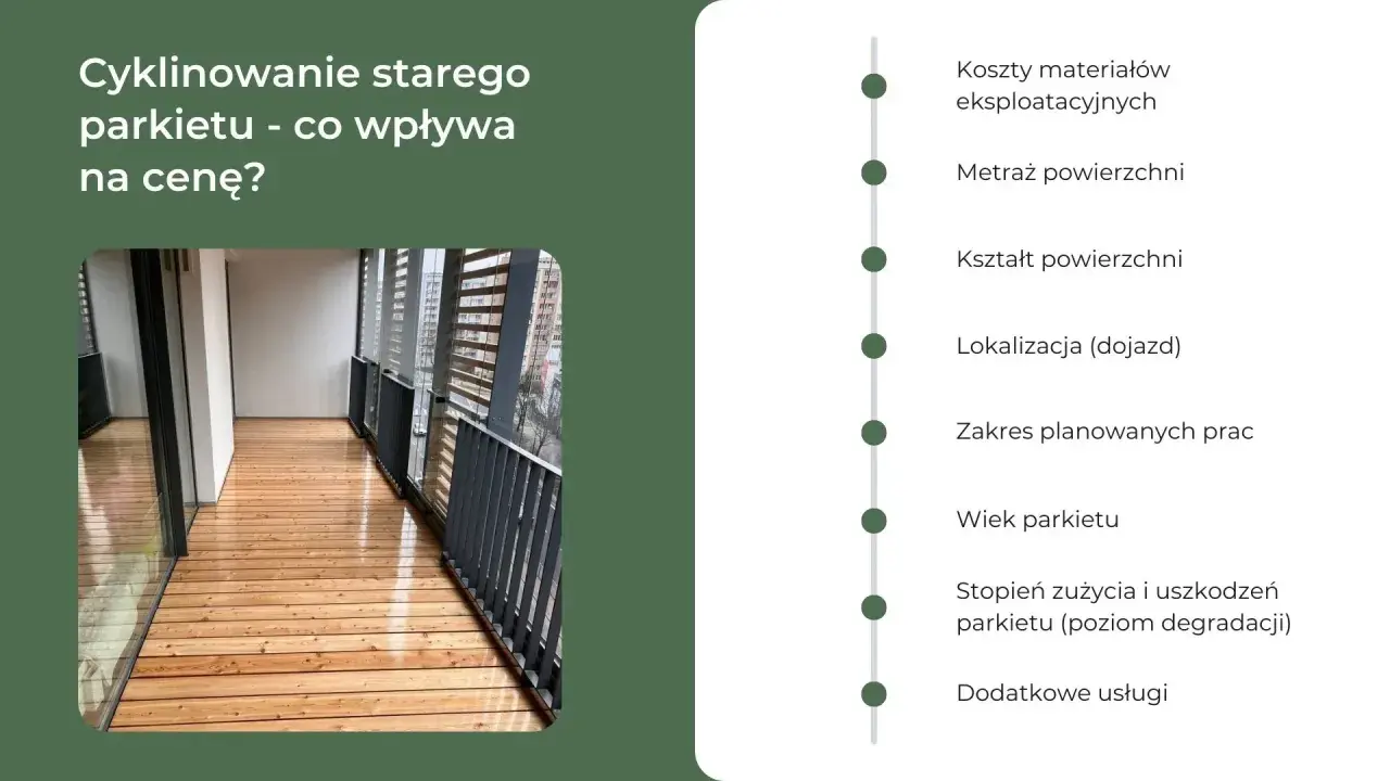 Cyklinowanie parkietu: poznaj czynniki wpływające na cenę. Od materiałów po stan podłogi, wszystko ma znaczenie.