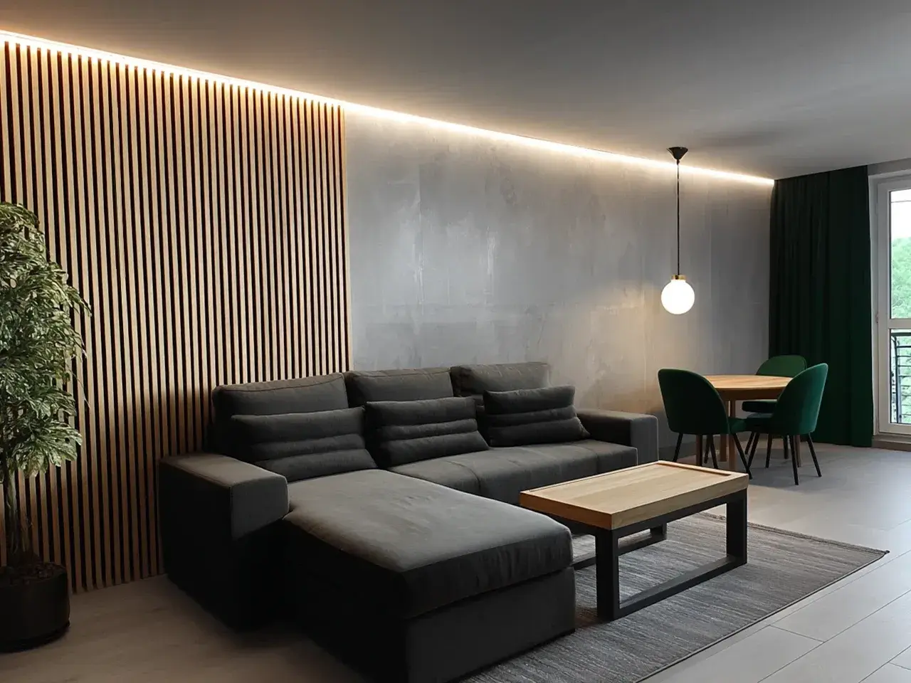 Nowoczesny salon w stylu loft z drewnianą ścianką, szarą sofą i jadalnią.