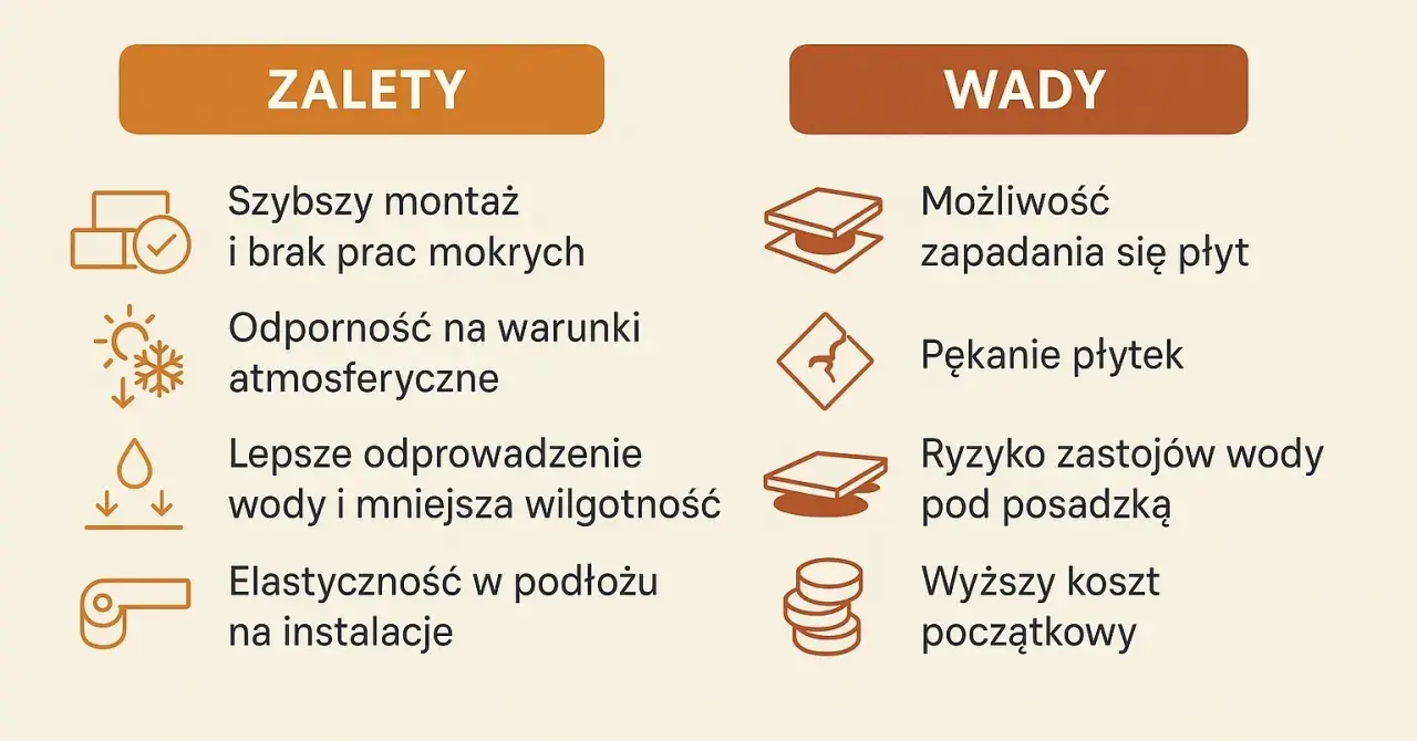 Taras wentylowany wady: zapadanie się płyt, pękanie, zastój wody pod posadzką, wyższy koszt początkowy.