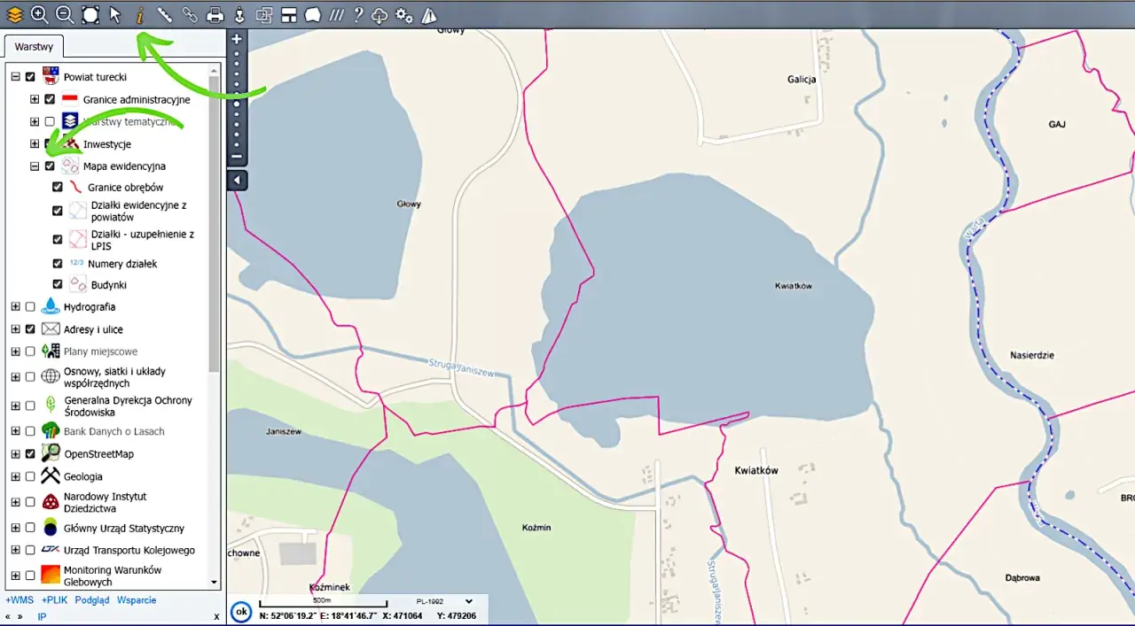 Warstwa "Mapa ewidencyjna" z zaznaczonymi działkami i granicami obrębów, widoczna na tle mapy z rzeką Wartą i miejscowościami.