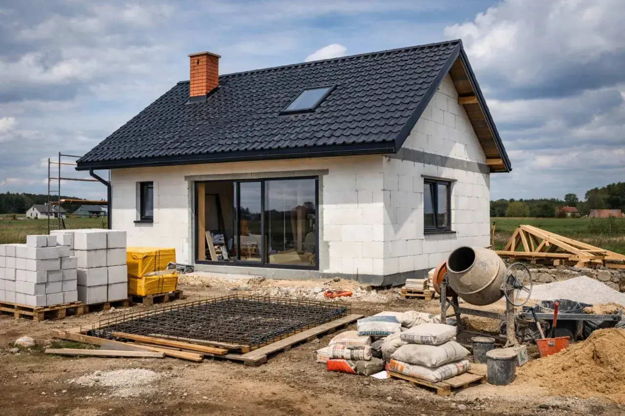 Budowa domu 80m2. Białe bloczki, czarny dach, betonowa zaprawa i materiały budowlane na placu.