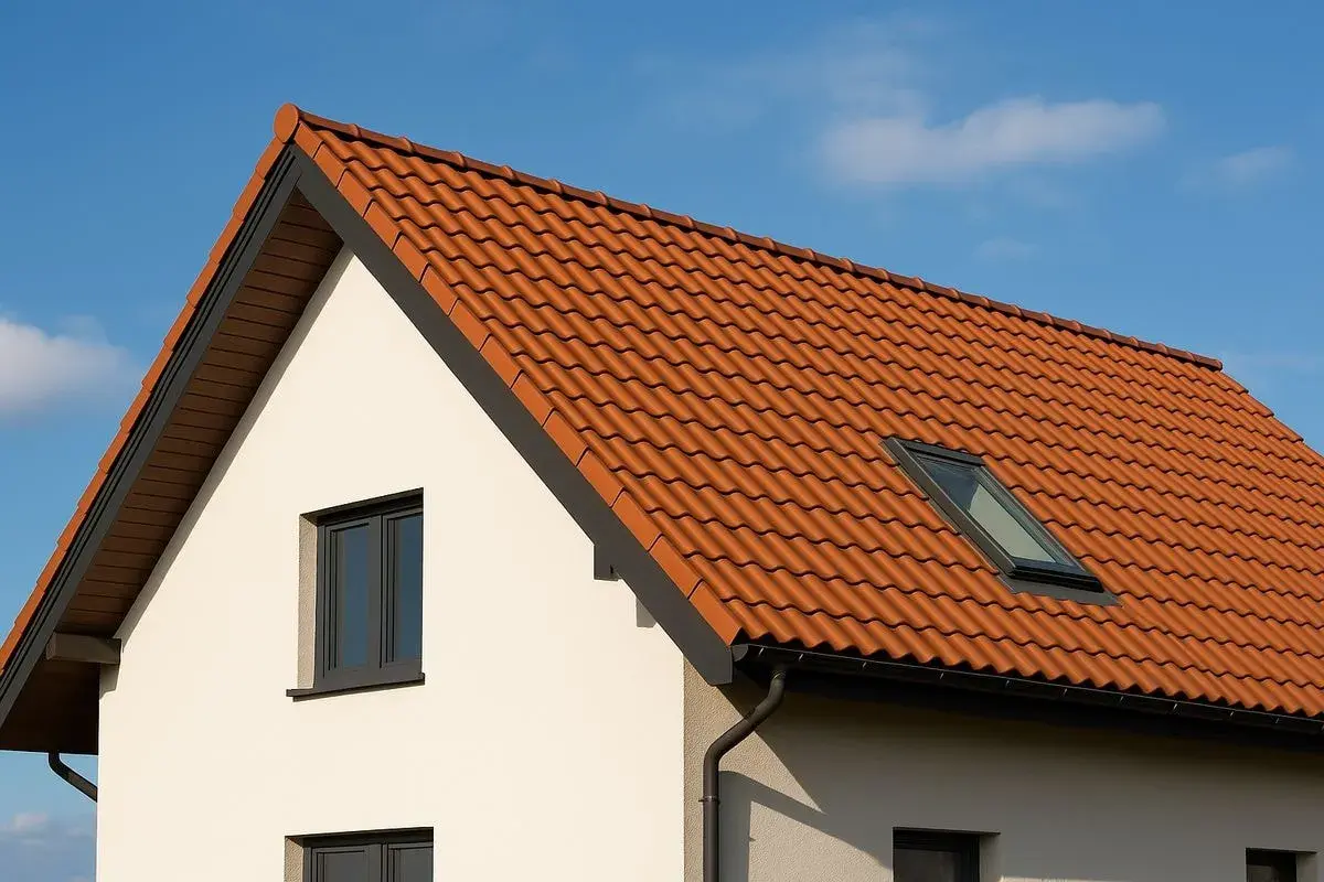 Nowy, czerwony dach dwuspadowy z dachówką ceramiczną i oknem połaciowym, lśni w słońcu na tle błękitnego nieba.