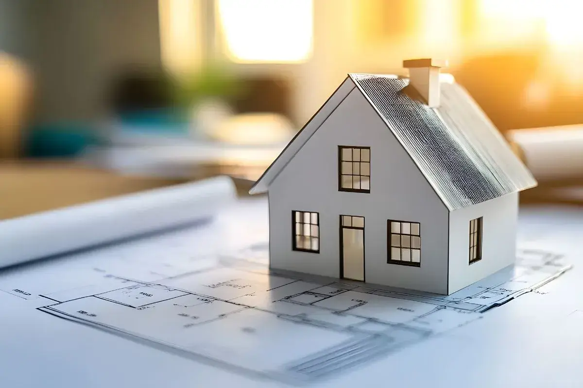 Model domu na planach architektonicznych. Pokazuje, ile jest ważne pozwolenie na budowę, by marzenie o własnym domu stało się rzeczywistością.