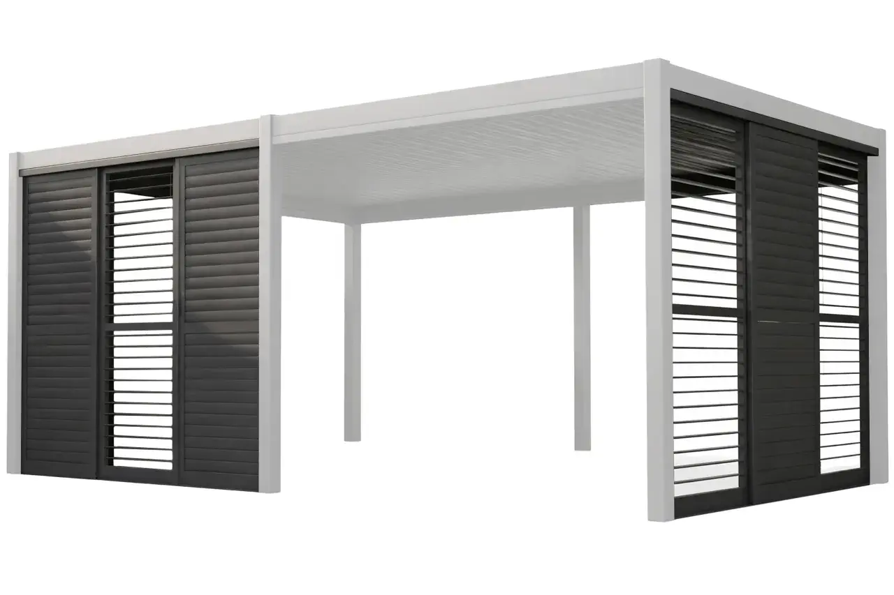 Nowoczesna pergola tarasowa z ruchomymi żaluzjami. Dowiedz się, jak zrobić pergolę tarasową, która zapewni cień i prywatność.