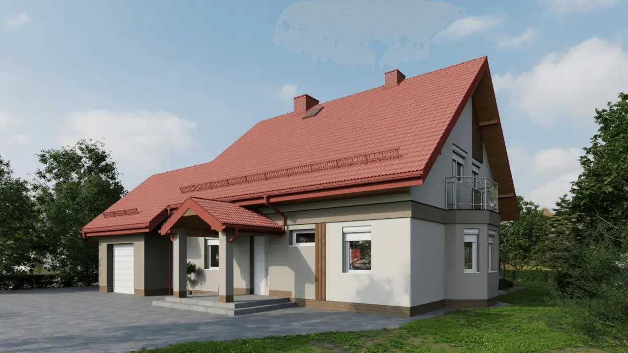 Wizualizacja domu z czerwonym dachem i jasną elewacją. Widać garaż, wejście zadaszone i balkon.