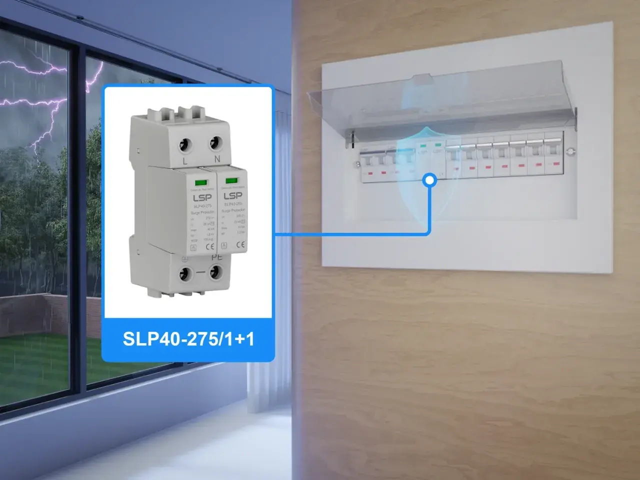 Ochrona przed przepięciami: modułowa przepięciówka LSP SLP40-275/1+1 chroni instalację elektryczną przed burzą.