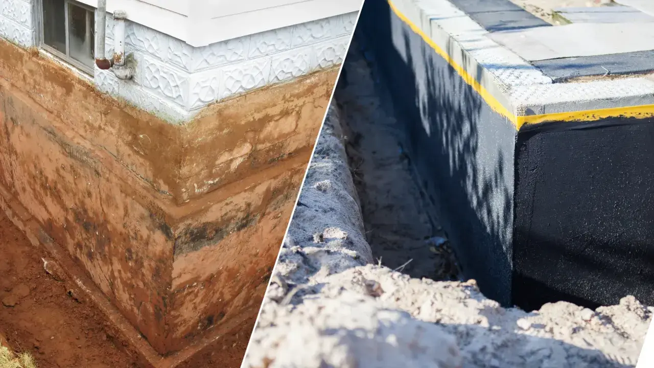 Przed i po: fundament domu z widoczną warstwą izolacyjną, chroniącą przed wilgocią. Folia fundamentowa to klucz do suchego domu.