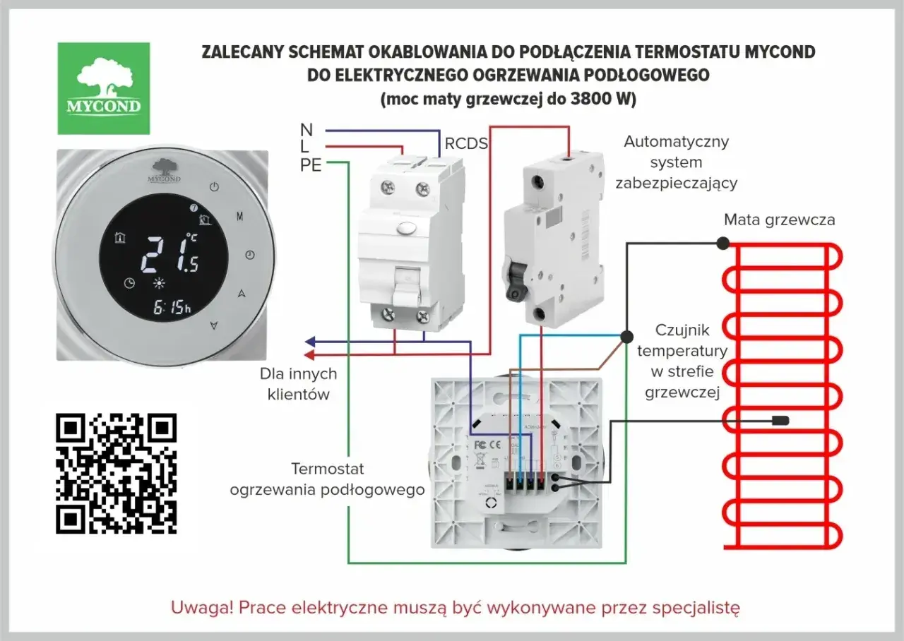 Schemat podłączenia termostatu MYCOND do elektrycznego ogrzewania podłogowego. Sterowniki do ogrzewania podłogowego zapewniają komfort i oszczędność.