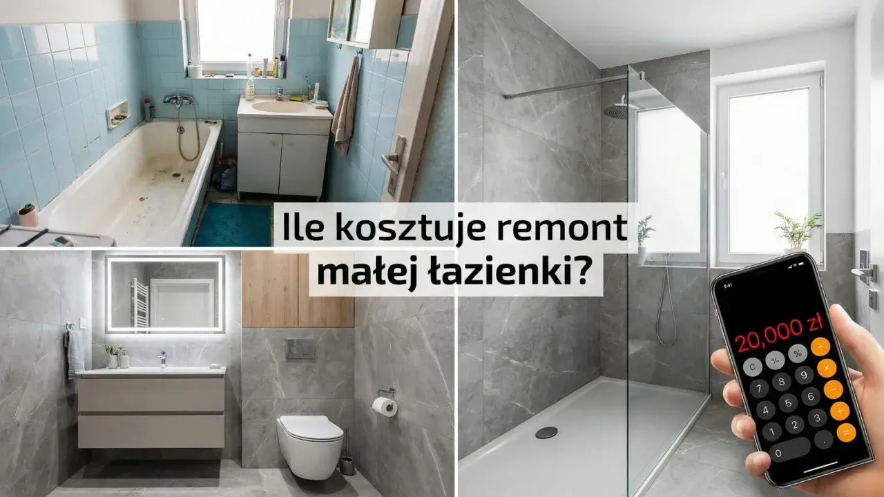 Przed i po remoncie małej łazienki. Na ekranie telefonu widoczna kwota 20 000 zł, sugerująca koszt remontu łazienki 5m2 robocizna.
