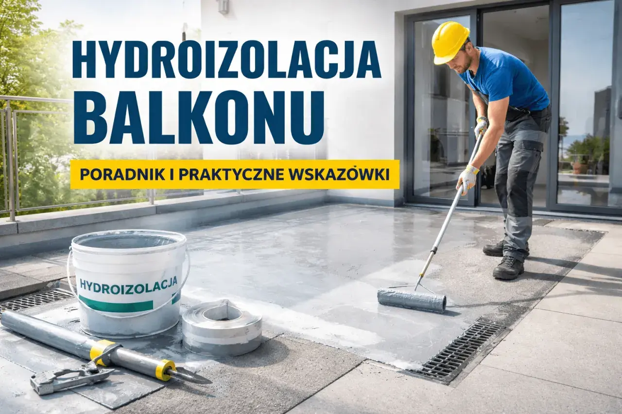 Pracownik wykonuje hydroizolację balkonu, używając wałka do aplikacji masy. Na pierwszym planie wiadro z napisem "HYDROIZOLACJA".