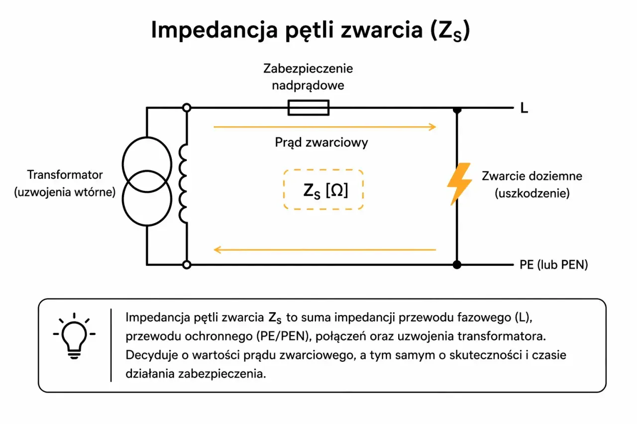 Schemat wyjaśnia, impedancja co to jest w kontekście pętli zwarcia. Pokazuje transformator, zabezpieczenie nadprądowe i drogę prądu zwarciowego.