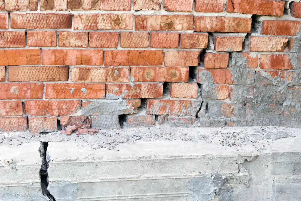Uszkodzona ceglana ściana z widocznym pęknięciem w betonie, wskazującym na podbijanie fundamentów.