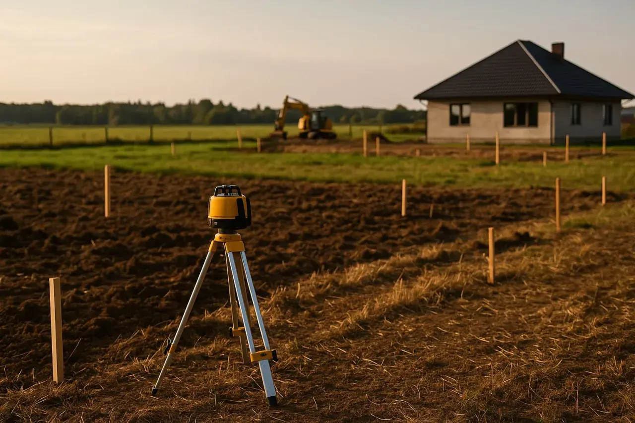 Precyzyjne tyczenie fundamentów na działce po odrolnieniu. Niwelator laserowy i paliki wyznaczają przyszły kształt domu. W tle koparka i budynek.