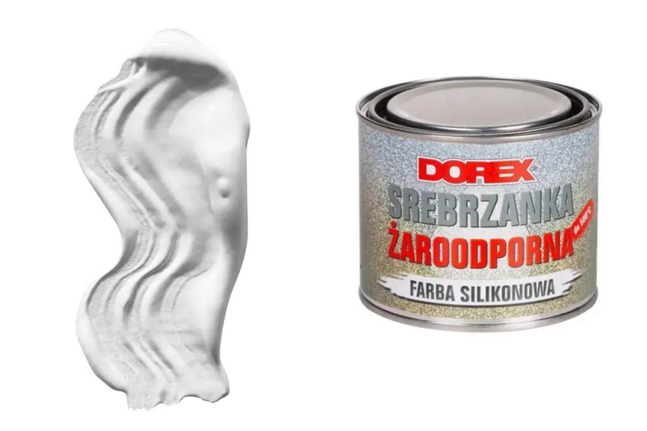 Srebrzanka żaroodporna DOREX w puszce, obok próbka białej farby silikonowej.