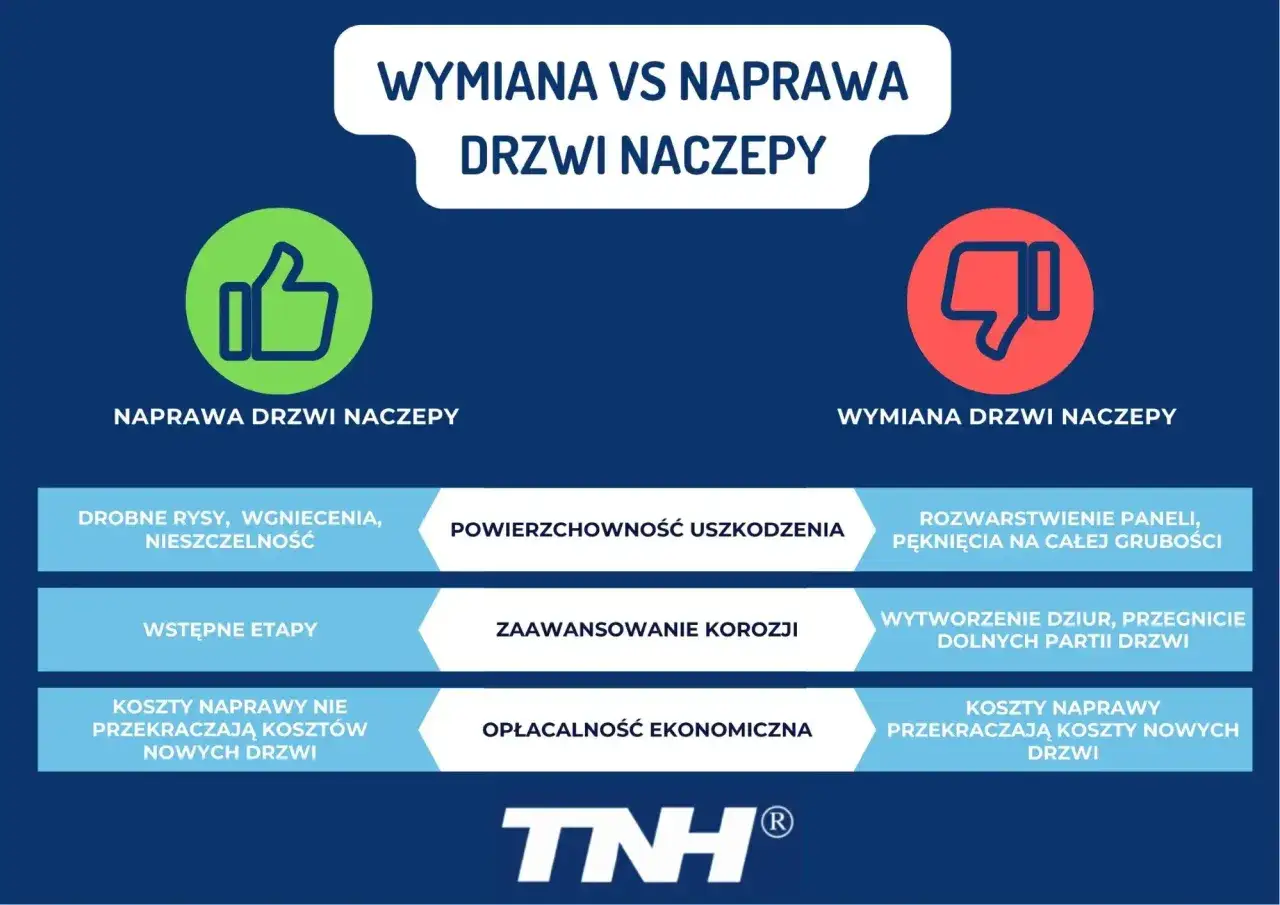 Porównanie: wgniecione drzwi naprawa czy wymiana. Naprawa dla drobnych uszkodzeń, wymiana przy zaawansowanej korozji.