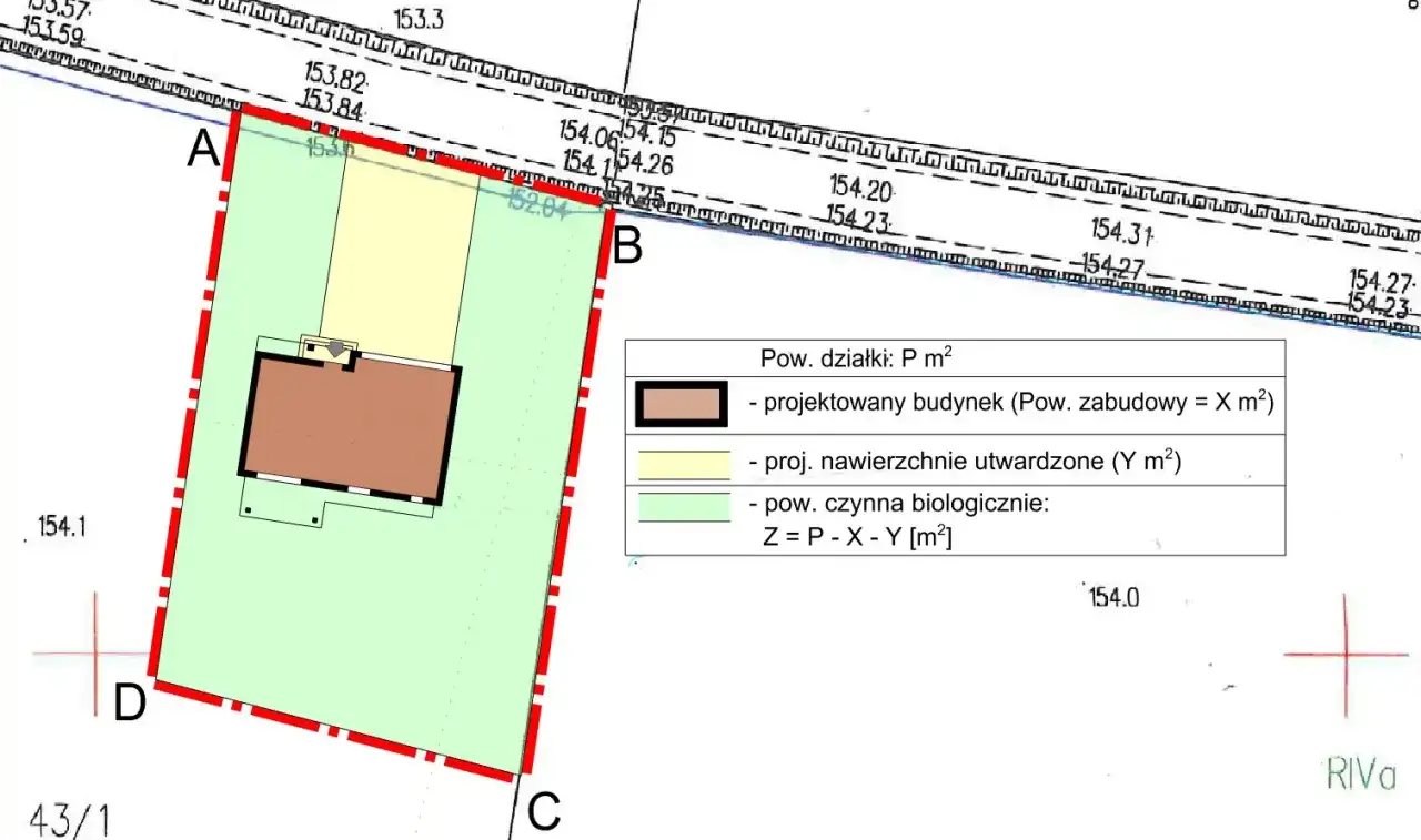 Mapa zasadnicza do warunków zabudowy: projektowany budynek, nawierzchnie utwardzone i powierzchnia biologicznie czynna na działce.