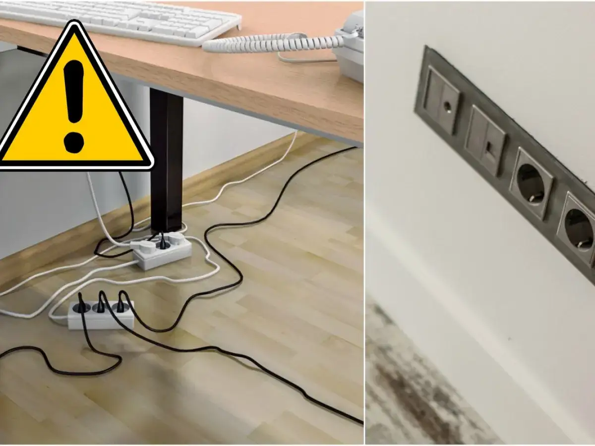 Ostrzeżenie przed niebezpiecznym napięciem! Plątanina kabli pod biurkiem i gniazdka elektryczne na ścianie.
