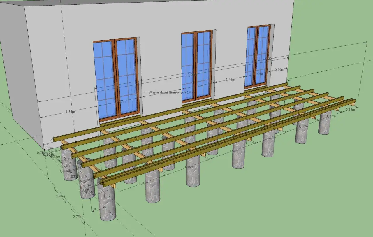 Projekt tarasu z widocznymi legarami i wymiarami. Podpora tarasu na słupach betonowych. Legary pod taras wymiary.