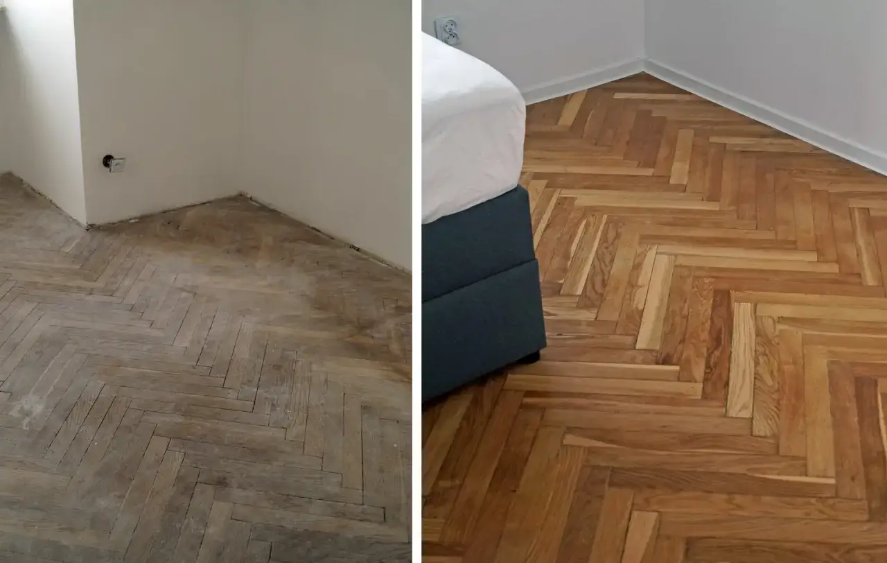 Przed i po renowacji parkietu w jodełkę. Zobacz, ile kosztuje cyklinowanie parkietu i jak odmienić wnętrze.