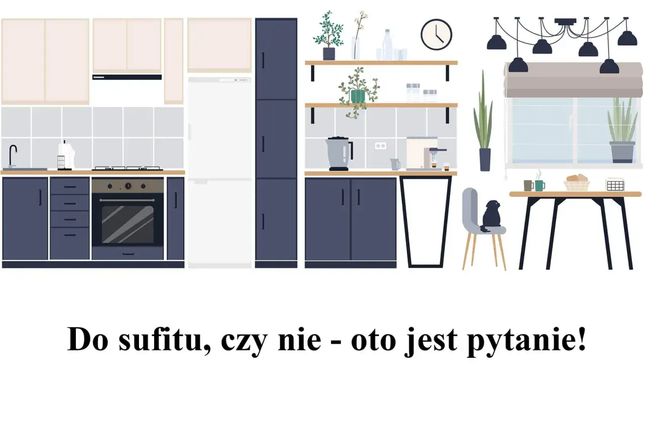 Nowoczesna kuchnia z ciemnogranatowymi szafkami i jasnymi blatami. Zastanawiasz się nad wymiarami szafek kuchennych?