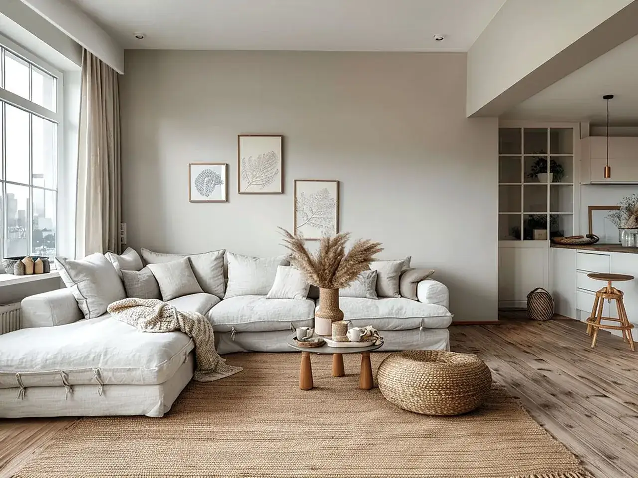 Przytulny salon z dużą, szarą kanapą, dywanem z juty i naturalnymi dodatkami.