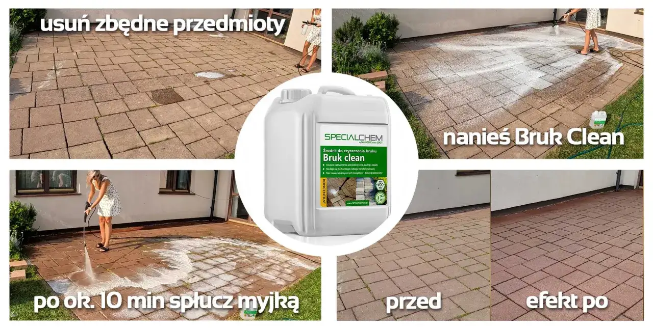 Jak wyczyścić kostkę brukową? Zdjęcia pokazują proces czyszczenia bruku preparatem Bruk Clean: od przygotowania, przez aplikację, po efekt końcowy.