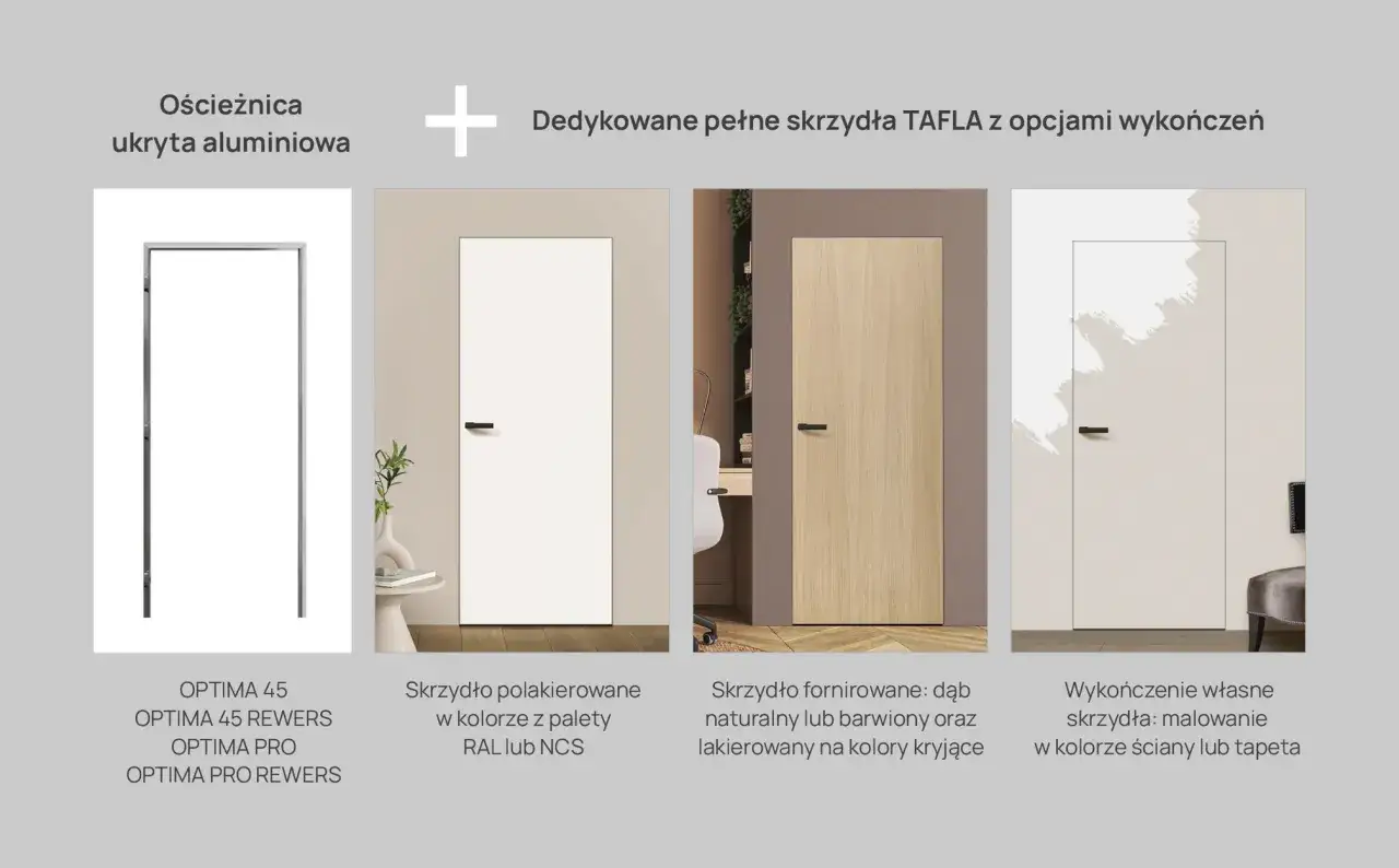 Ościeżnica ukryta i skrzydła TAFLA: białe, fornirowane, malowane na kolor ściany – jak zamaskować drzwi.