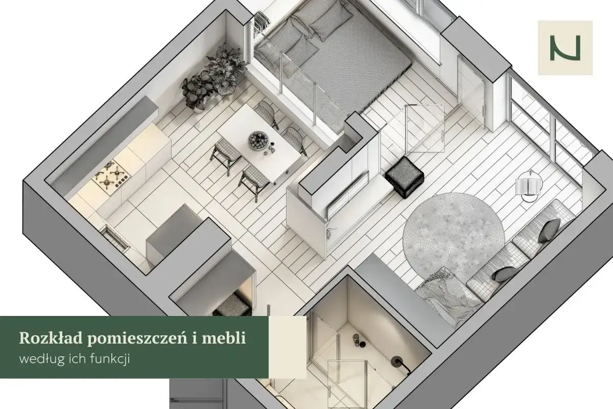 Wizualizacja rozkładu mieszkania z kuchnią, jadalnią, sypialnią i salonem. Aranżacja zgodna z zasadami feng shui, zapewniająca harmonię i przepływ energii.