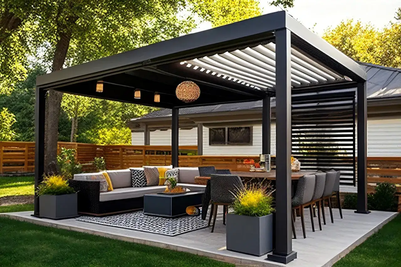 Nowoczesna pergola tarasowa z wygodną sofą, stołem i krzesłami. Idealne miejsce na relaks.