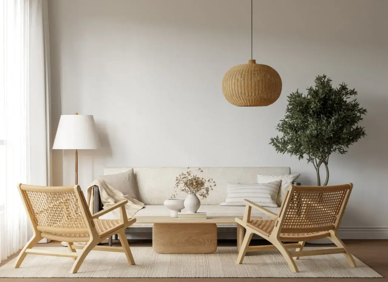 Jasne, oto opis:
Przytulny salon w stylu monochromatycznym. Dwa plecione fotele, kanapa, stolik kawowy i lampa tworzą harmonijną, stonowaną przestrzeń.