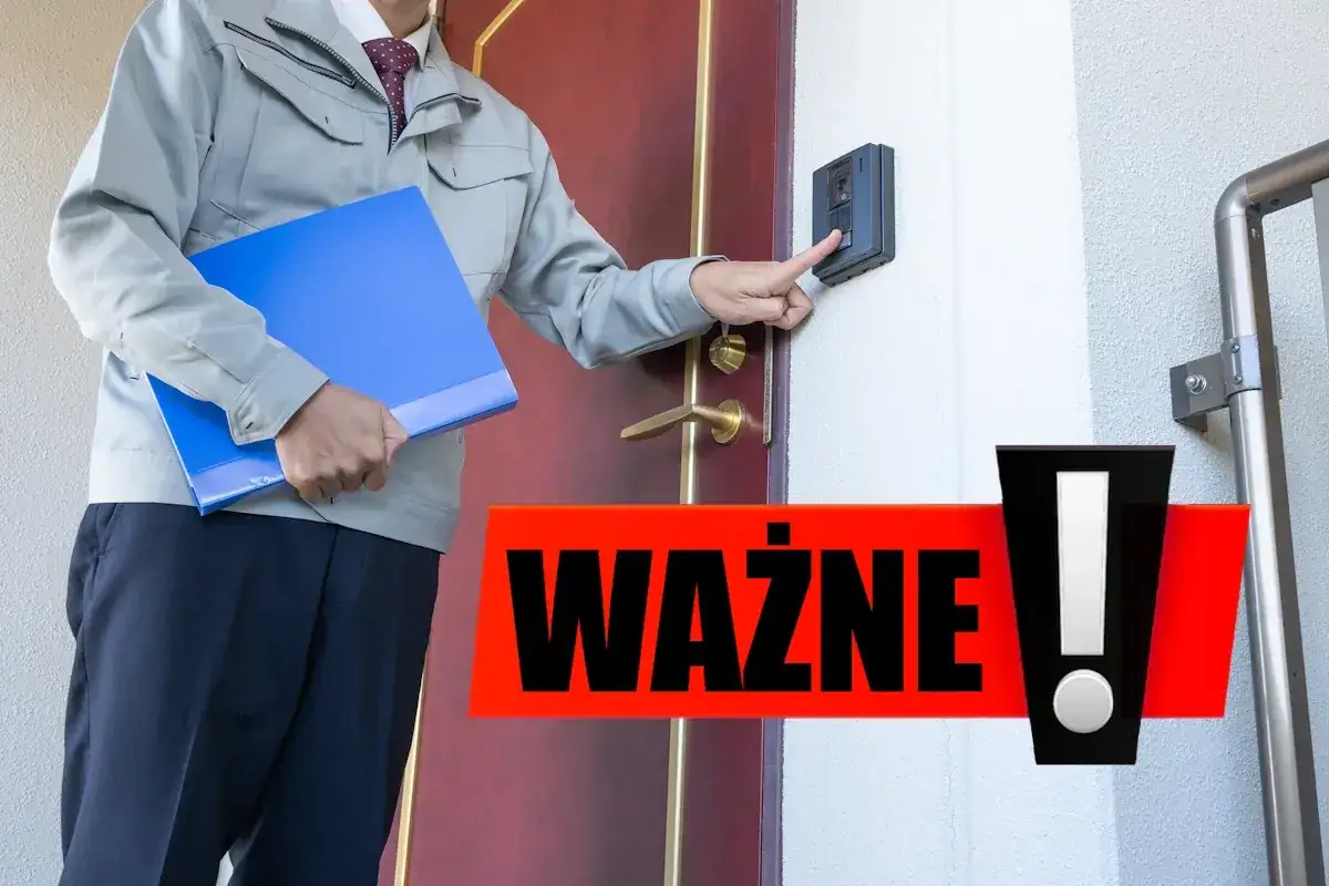 Ważna wizyta u drzwi! Mężczyzna z teczką naciska dzwonek, by wejść do domu.