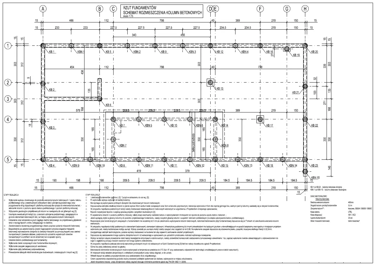 Schemat rozmieszczenia kolumn betonowych, kluczowy element podbijania fundamentów. Widoczne oznaczenia kolumn (KB, KBN) i wymiary.