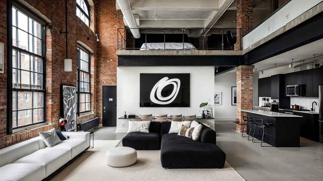 Nowoczesne wnętrze w stylu loft z ceglanymi ścianami, dużymi oknami i antresolą. Czarna sofa i biała kanapa tworzą przytulną przestrzeń.