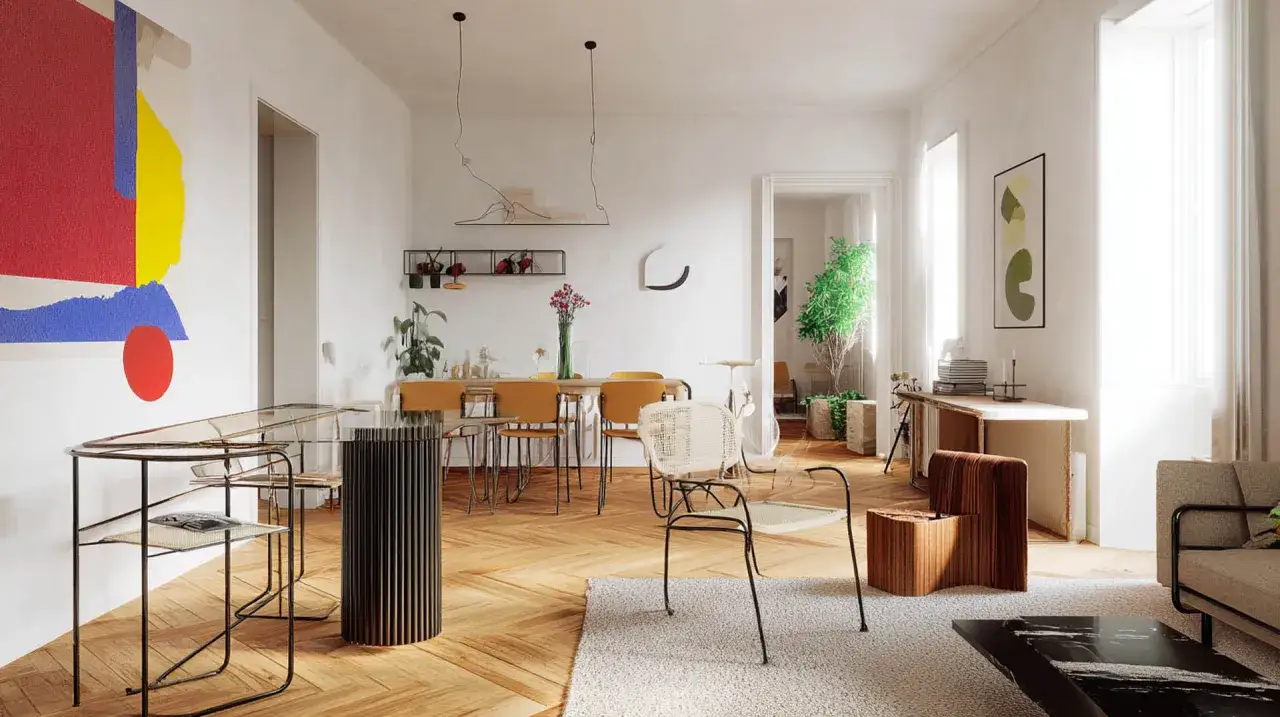 Jasne, przestronne wnętrze w stylu bauhaus, z geometrycznym obrazem, szklanym stołem i drewnianymi meblami.