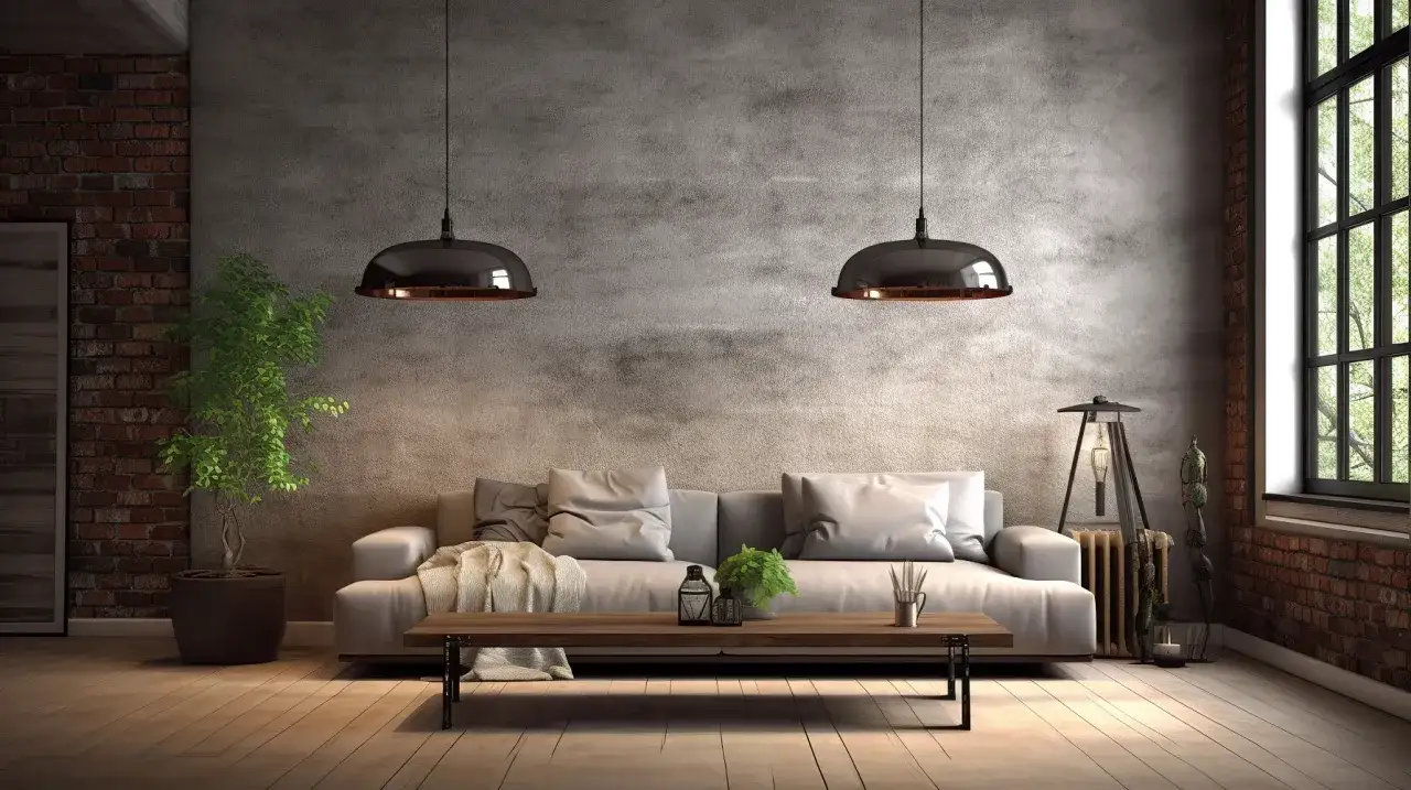 Nowoczesny salon z szarą kanapą, drewnianym stolikiem, roślinami i industrialnymi lampami.