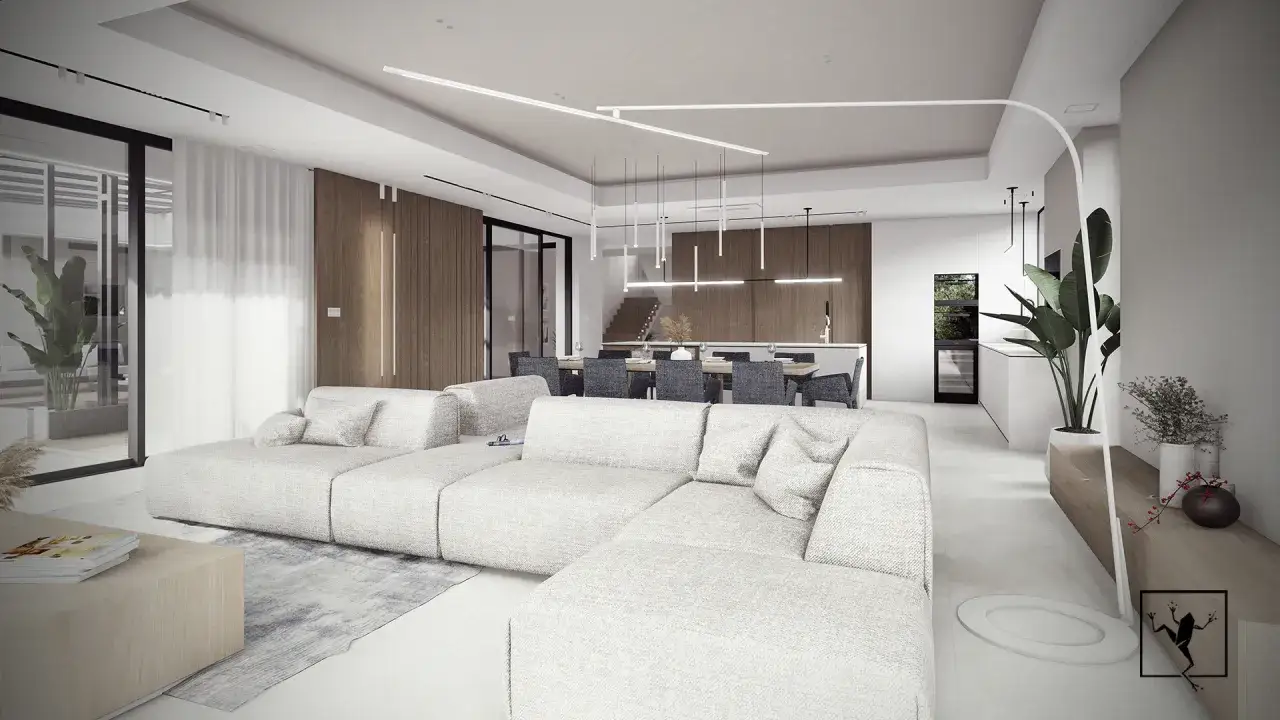 Nowoczesny salon z jadalnią, jasna sofa, drewniane akcenty, rośliny.