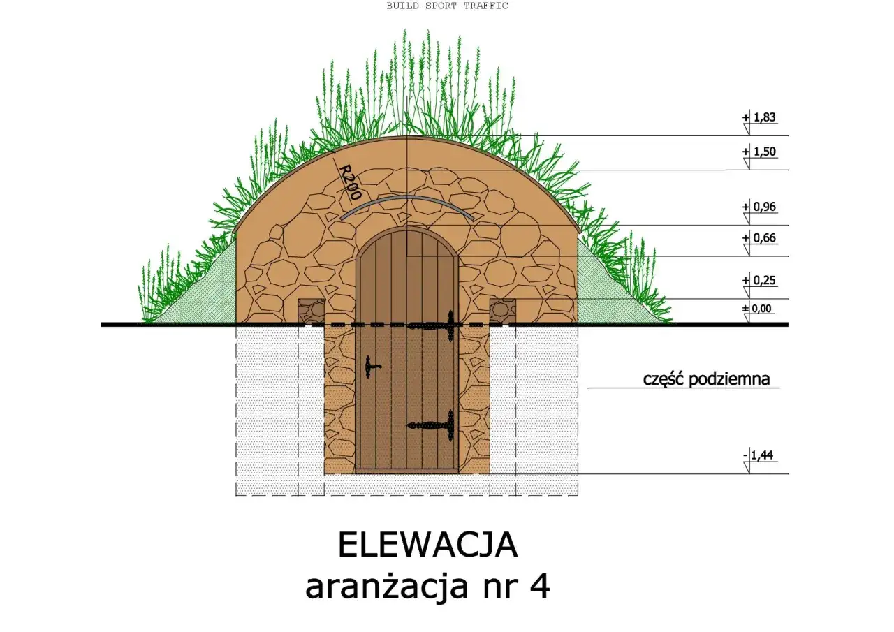 Kamienna piwnica ziemianka z drewnianymi drzwiami, porośnięta trawą. Rysunek techniczny elewacji.
