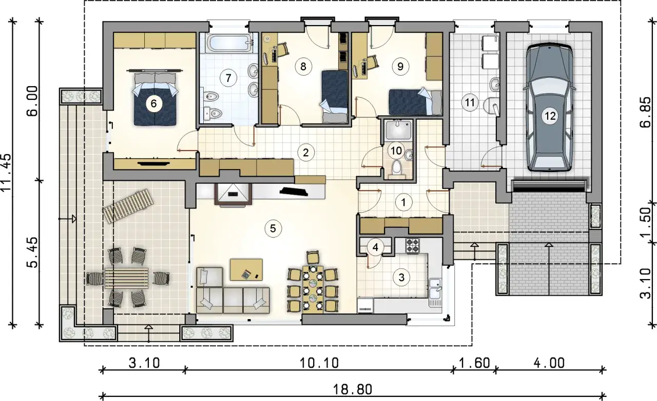 Rzut parteru funkcjonalnego bungalow z garażem (12), salonem (5), kuchnią (3), sypialniami (6, 8, 9) i łazienkami (7, 10).